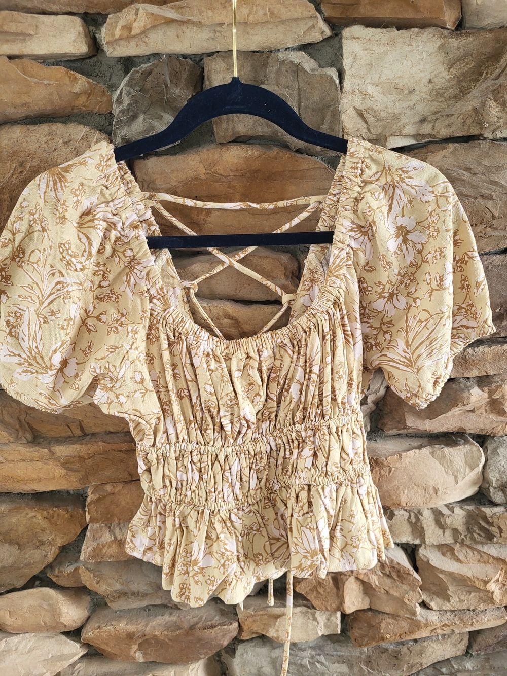 By Together Desert Boho Indie Smocked Puff-Sleeve Crop Top Lace-up Back NWT